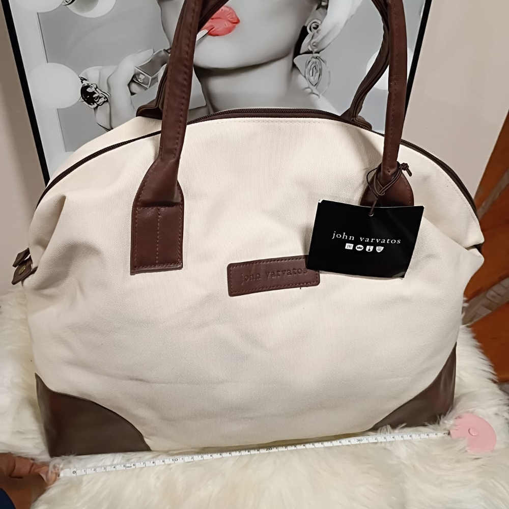 John Varvatos Cream and Brown Travel Bag with Minimalist Design